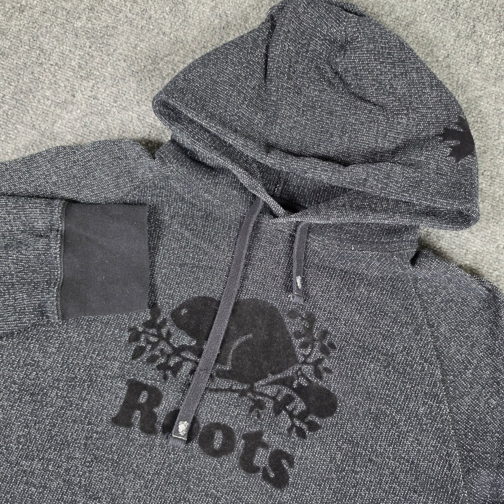 Roots Hoodie Mens XL Gray Salt Pepper Beaver Logo Raglan Pullover Sweatshirt